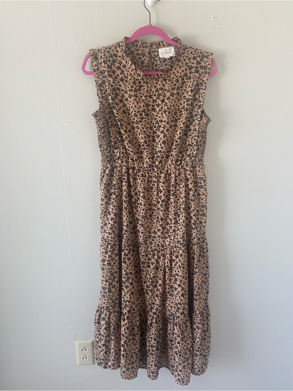 Bohme tiered midi maxi dress floral tan fall fashion church modest XL smocked